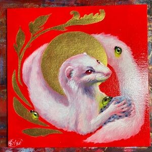 Original ferret Painting ladybugs art Gold accents Red Whimsical surrealism EAEH
